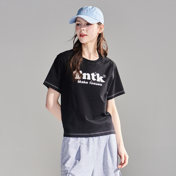 [틴톡] 여자 여름신상 3부 배색 스티치 레터링 티(25PT454)