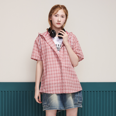 [에꼴리에] 여자 여름이월 5부 레드체크 후드셔츠(25B5352)