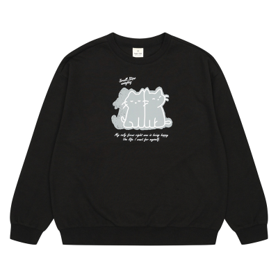 [틴톡] 여자 봄이월 캣 일러스트 블랙 맨투맨티(25QT456)