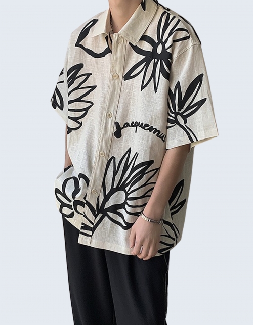 Flower-patterned linen shirt