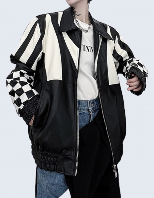 Black-and-white stitching PU leather jacket