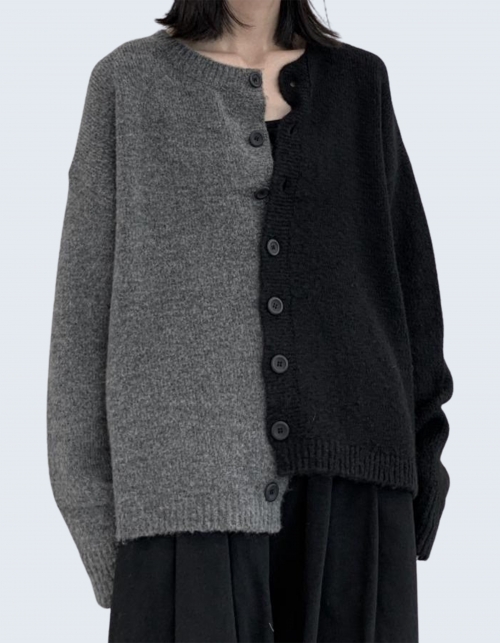 Two-tone unbalanced knit cardigan