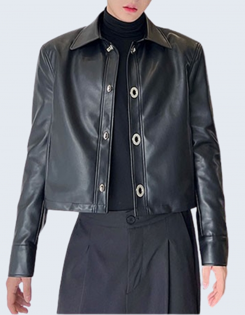 Metal buckle short leather jacket