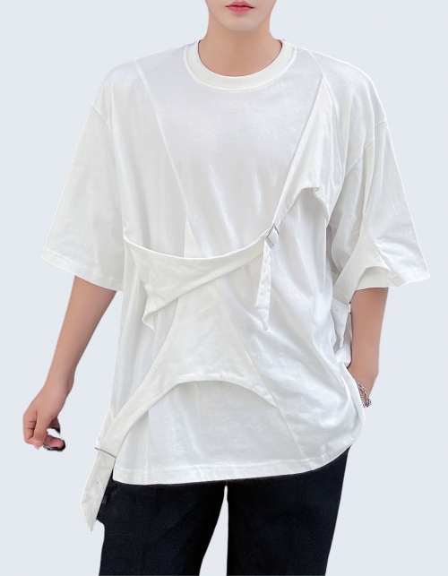 Irregular split mixed belt T-shirt