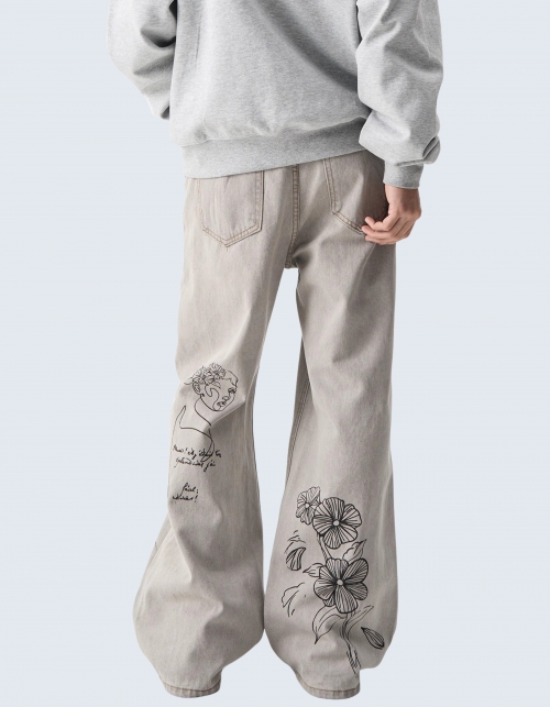 Line art printed straight denim pants