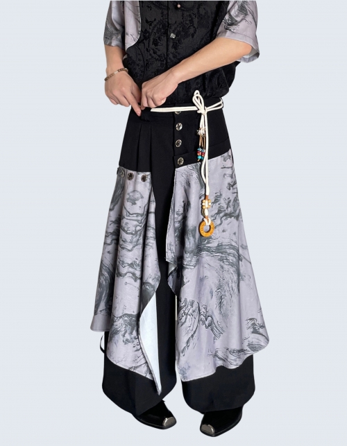 Two-tone unbalance button apron pants