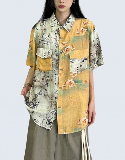 mix-patterned flower picture shirt