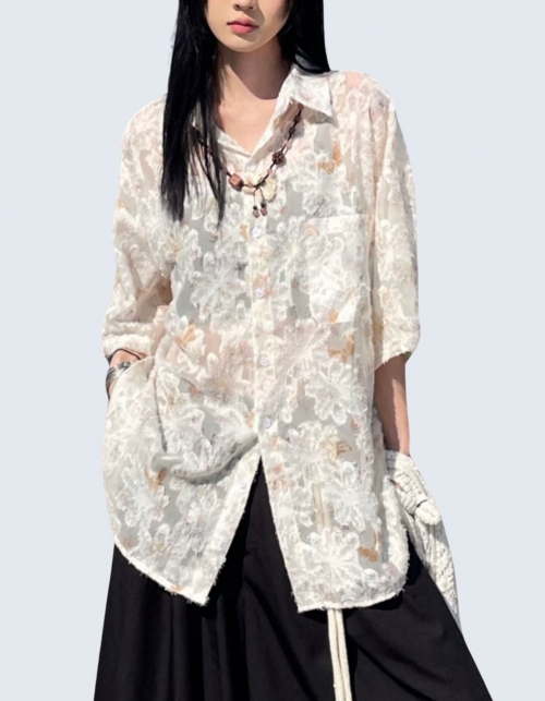 see-through design flower embroidery shirt