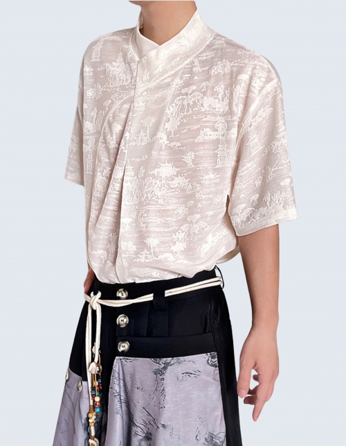 Landscape Painting Embroidery Up collar Shirt