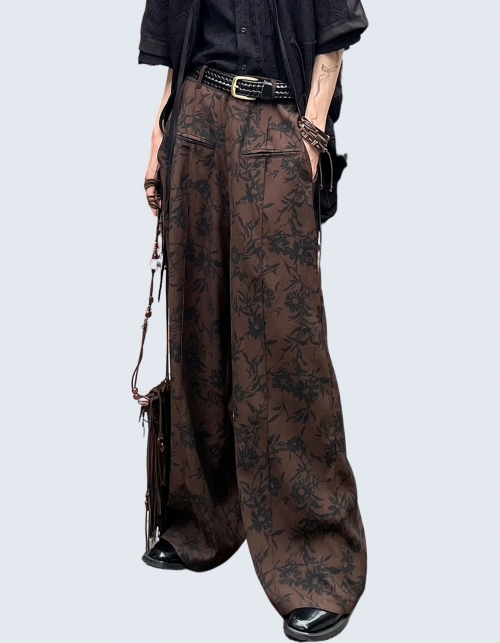 Japanese flower-patterned wide pants