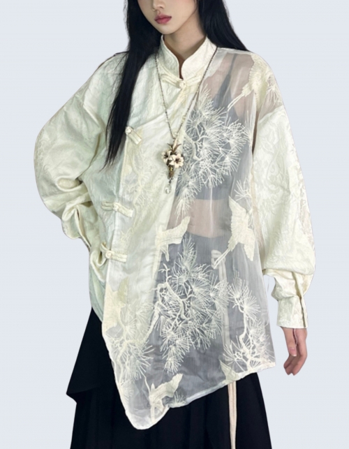 Upcollar See-Through Chinese Design Shirt