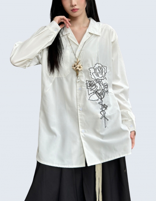 rose-embroidered retro shirt