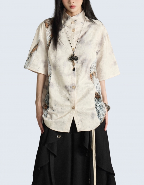 side tie-dye up-collar shirt
