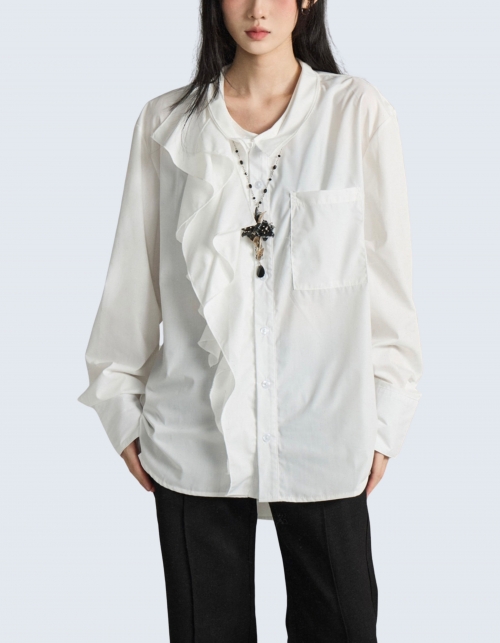lace-mixed non-collared shirt