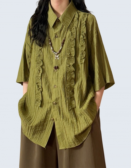 lace patch pleated short-sleeved shirt