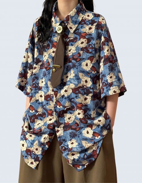 Blue Flower Full Print Short-Sleeved Shirt