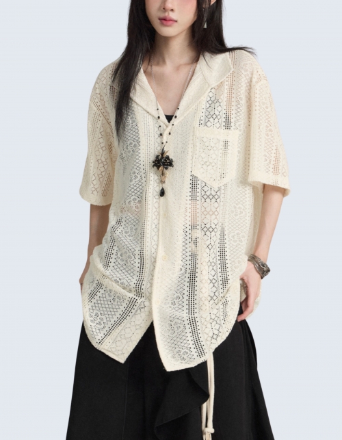 See-Through Ethnic Patterned Cuban Collar Shirt