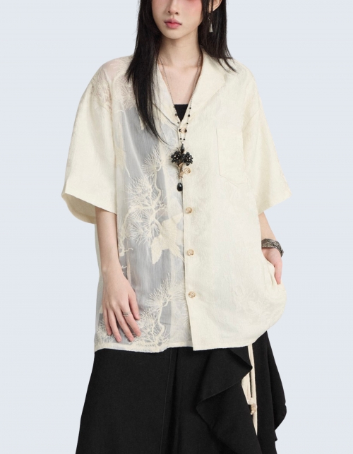 pine-embroidered see-through shirt