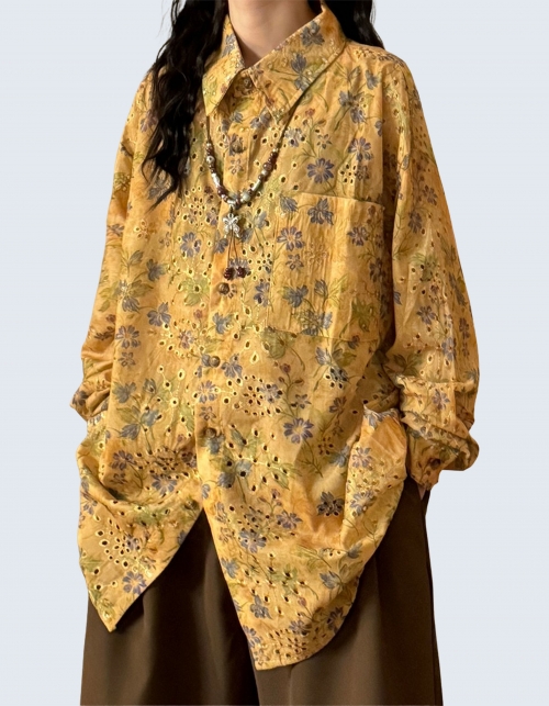 Flower full print Hollow design long-sleeve shirt