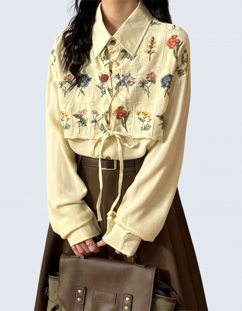 flower embroidered layered long-sleeve shirt