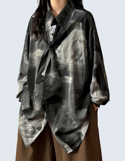 Scarf Layered Ink Long Sleeve Shirt
