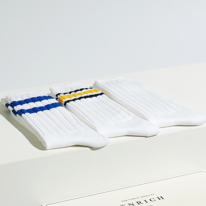 [Enrich] Heavy Weight Socks - 3P Set (Plain white, Blue stripes, Yellow & black stripes)