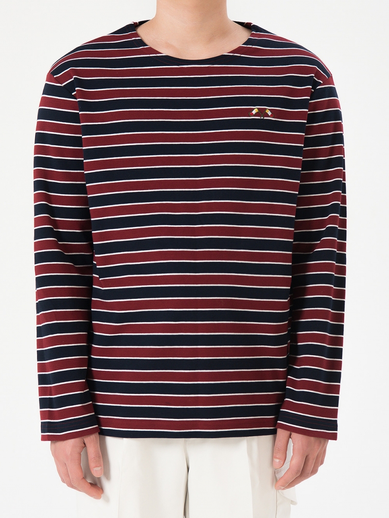 [DEVERRMAN] boat neck stripe long sleeve (burgundy)