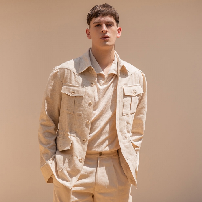 [DEVERRMAN] herringbone linen shirring jacket (light beige)