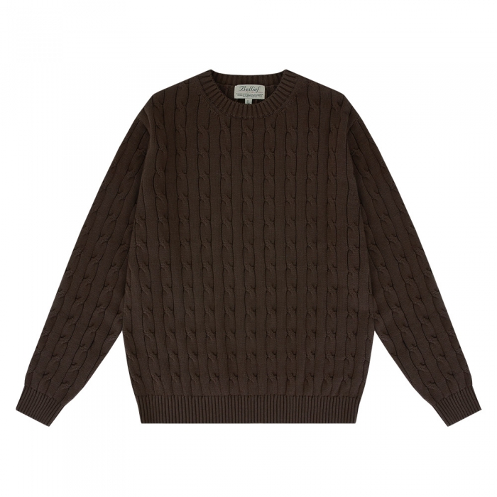 [Bellief] Cable crewneck sweater (Brown)