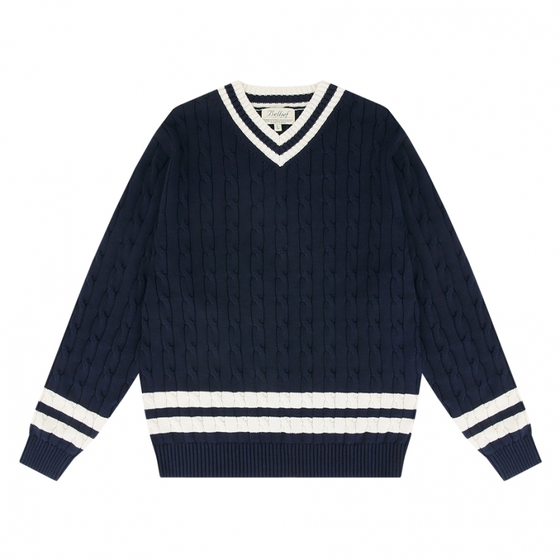 [Bellief] V-neck cable sweater (Navy)