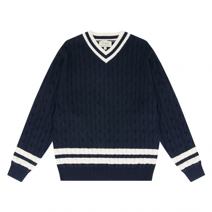 [Bellief] V-neck cable sweater (Navy)