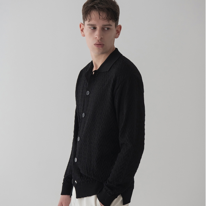 [DEVERRMAN] herringbone texture long sleeve knit shirts (black)
