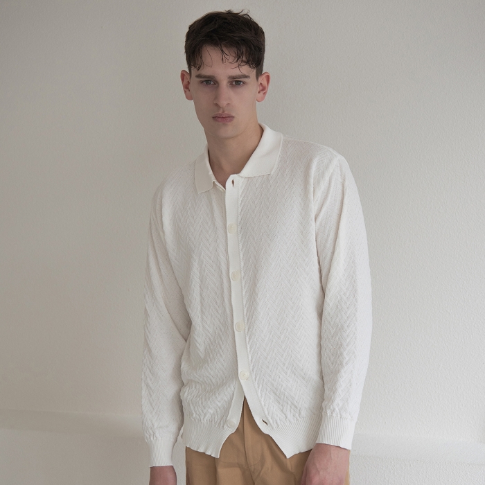 [DEVERRMAN] herringbone texture long sleeve knit shirts (Ivory)