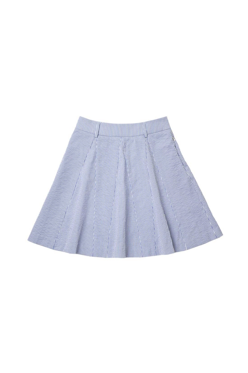 [Mondiac] Women's Mid-length Seersucker Flare Skirt - Signature Blue Stripe