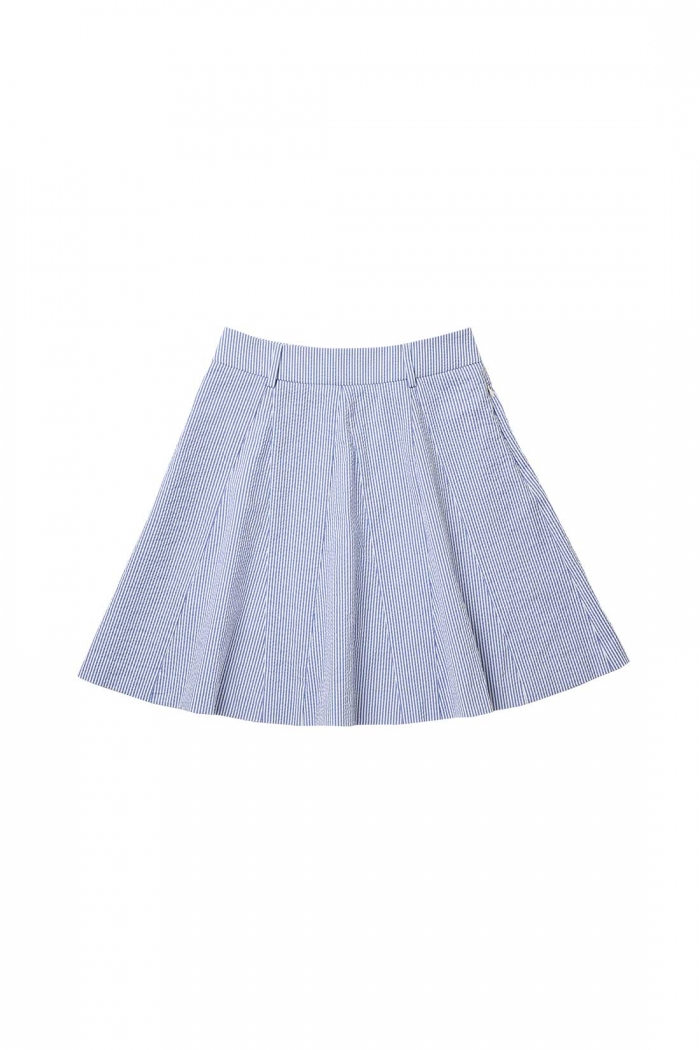 [Mondiac] Women's Mid-length Seersucker Flare Skirt - Signature Blue Stripe