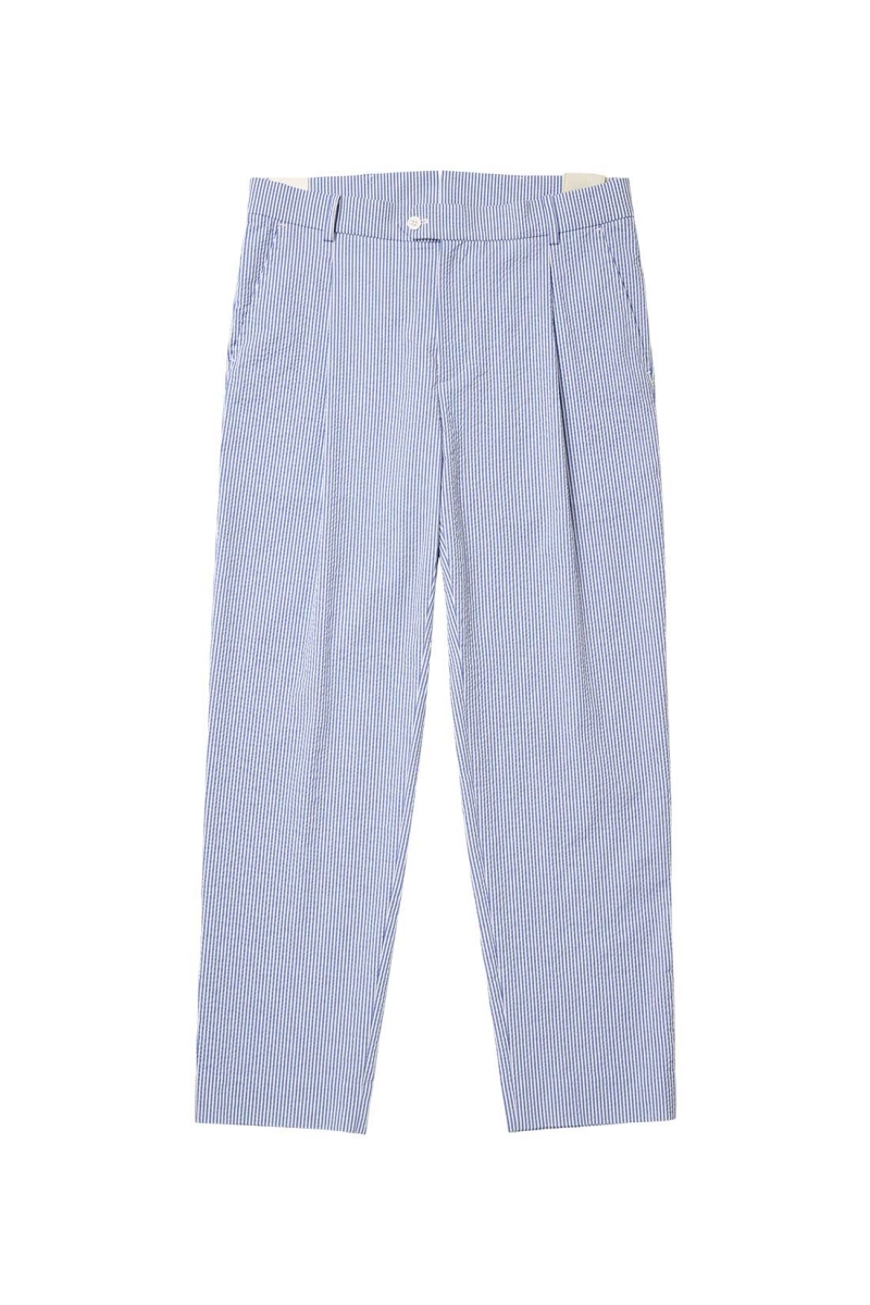 [Mondiac] Men's Seersucker One-Tuck Pants  - Signature Blue Stripe