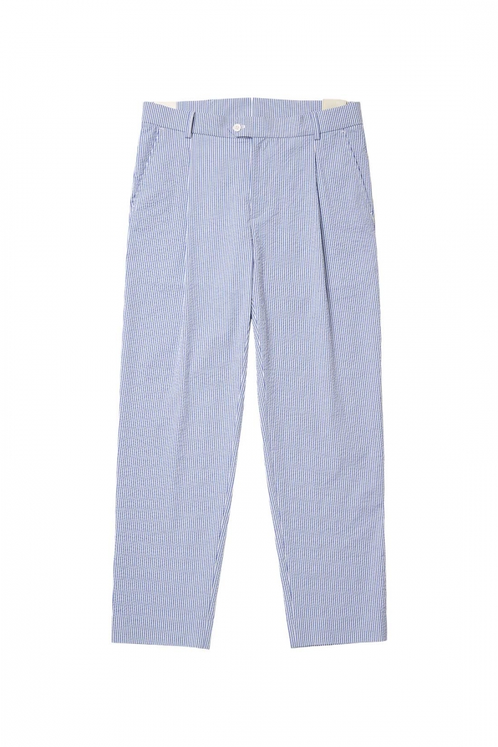 [Mondiac] Men's Seersucker One-Tuck Pants  - Signature Blue Stripe