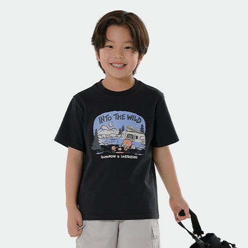 [스노우피크 X 라인프렌즈] 키즈 캠핑 반팔 티셔츠 Dark Charcoal