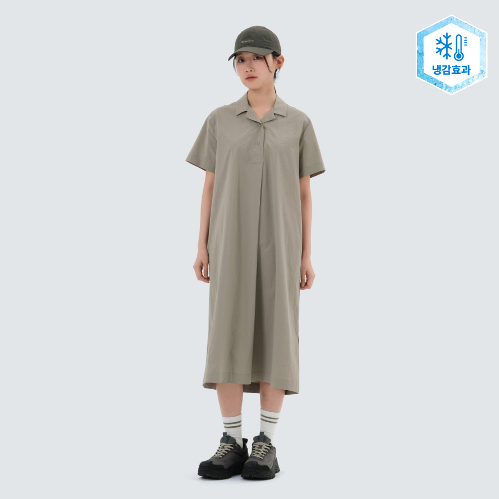 냉감 루트 카라 원피스 Beige Gray