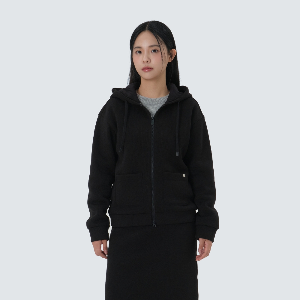 니트 여성 후드 집업 Black