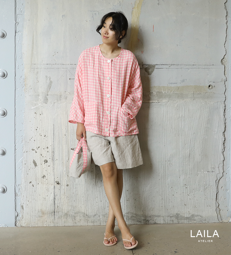 핑크 체크 린넨 루즈 자켓