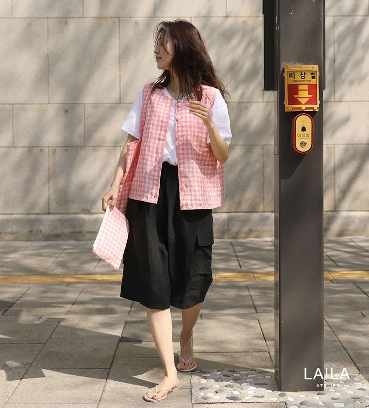 핑크 체크 린넨 베스트