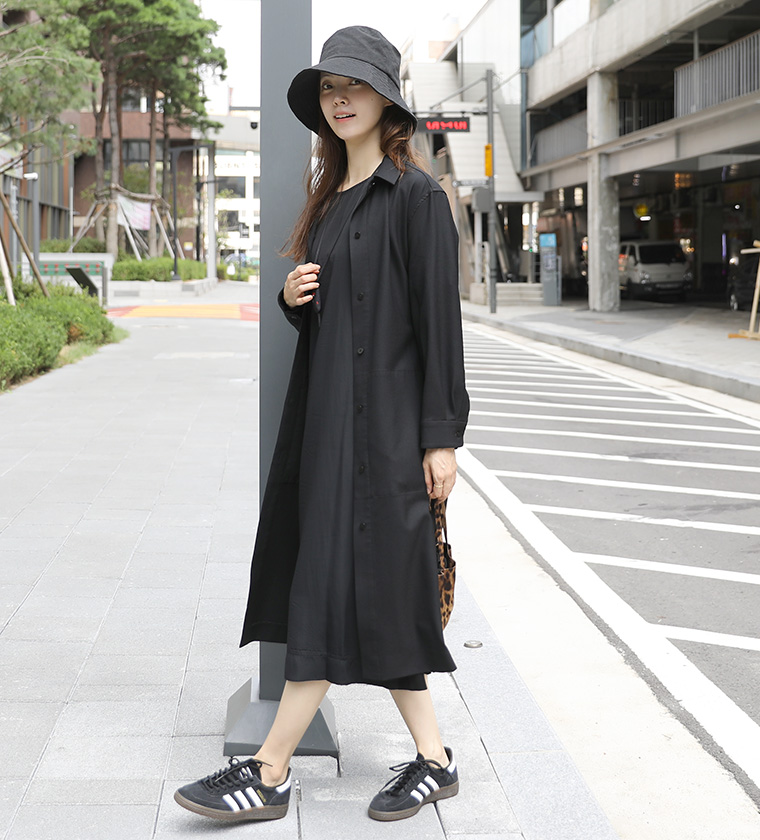 울 블랙 셔츠 원피스