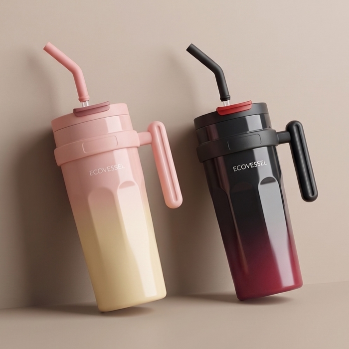 에코베슬 큐브 950ml 그라데이션 손잡이 대용량 보온보냉 텀블러