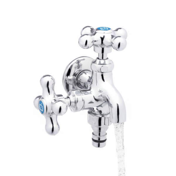 국산 신주 양갈래 수도 꼭지 베란다 세탁기 2구 원터치 커플링 수전 발코니