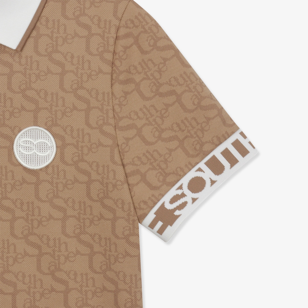 여성 로고 밴드 패턴 칼라 티셔츠_카멜