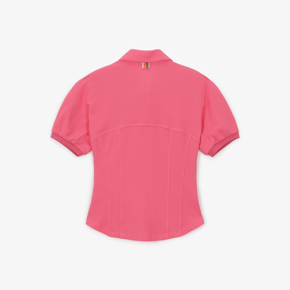 여성 볼륨 소매 절개 티셔츠_핑크