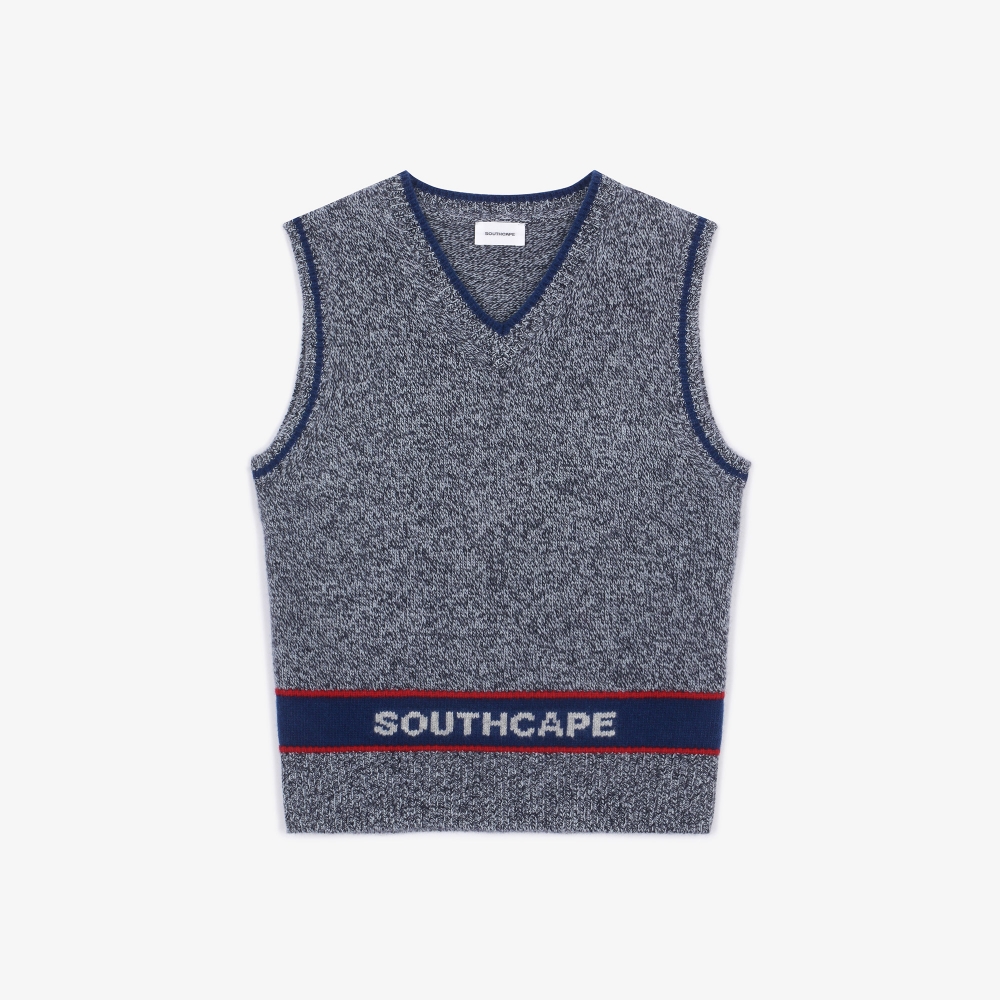 여성 로고 포인트 브이넥 니트 베스트_네이비