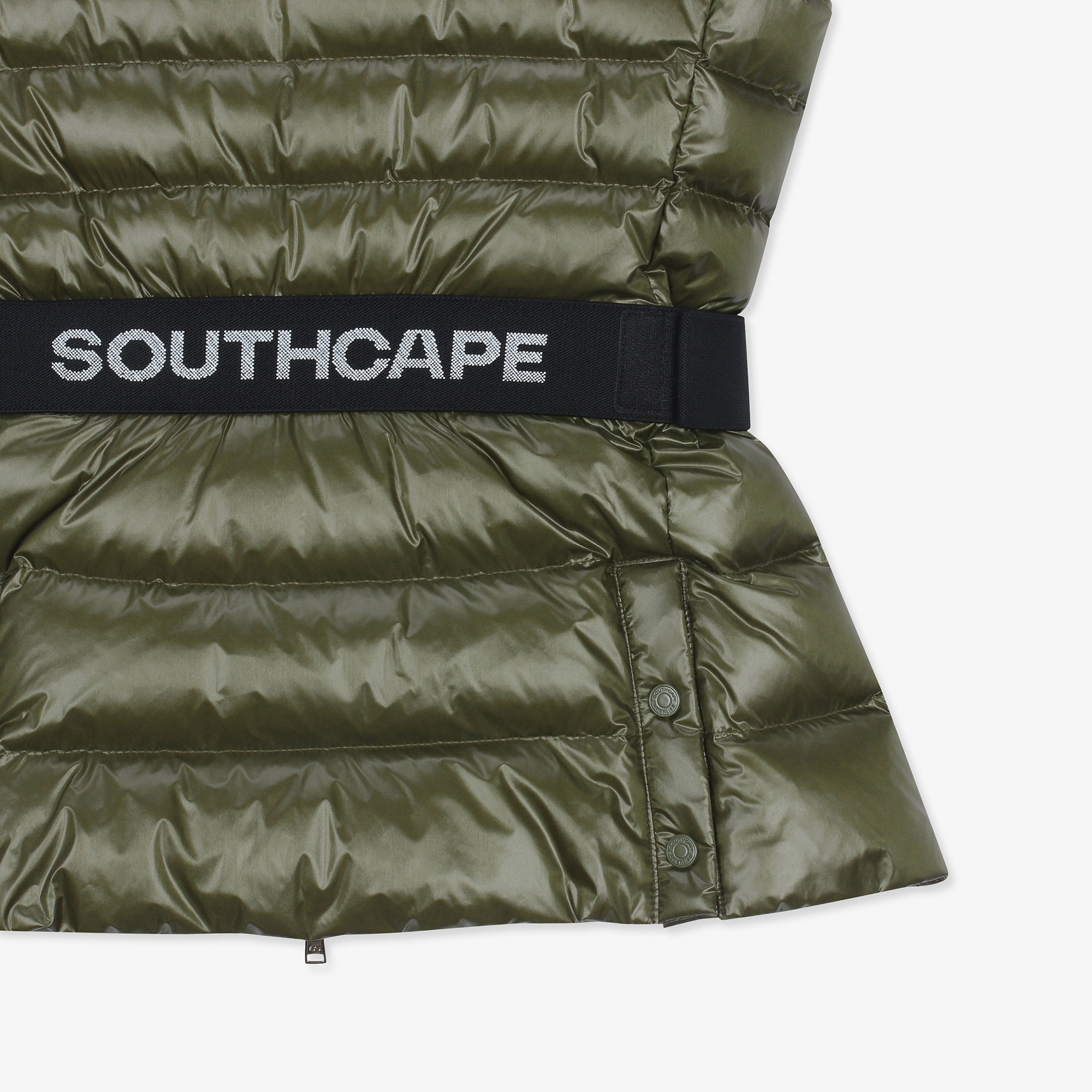 여성 글로시 하이넥 벨트 다운 베스트_카키