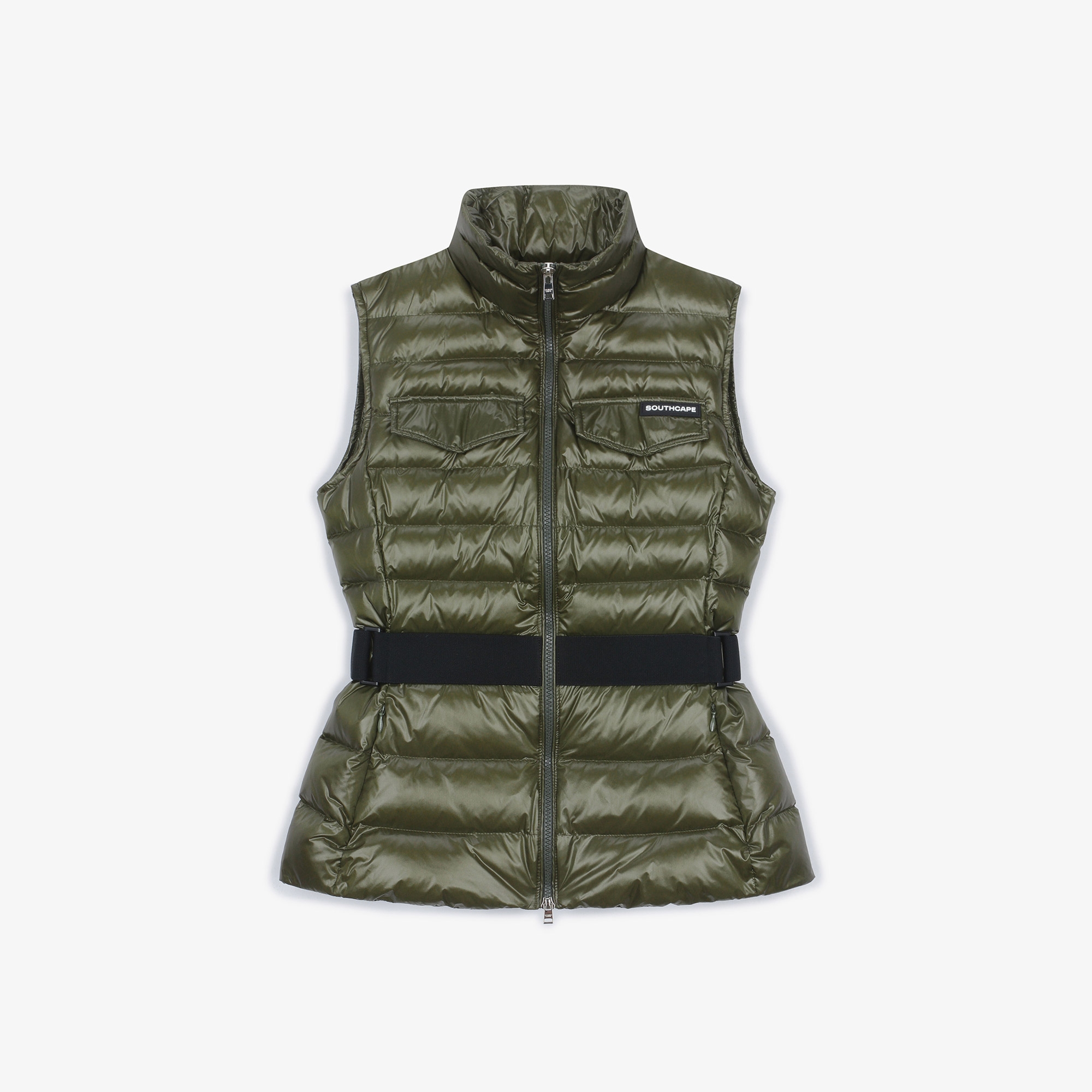 여성 글로시 하이넥 벨트 다운 베스트_카키